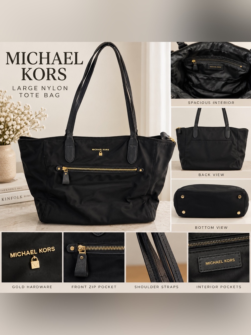 Michael Kors Black Nylon Large Tote Bag Gold Hardware Travel Work